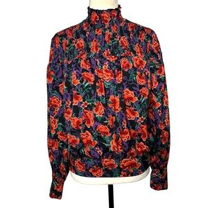 3/$20 💥 Calligraphie Long Sleeve Floral Blouse Seersucker‎ Ruffle High Neck